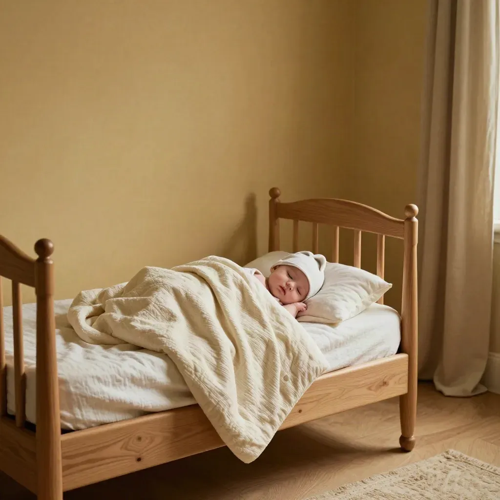 Rustige babykamer met wieg, opgevouwen swaddle, mutsje en houten stoel bij warm vloerkleed.