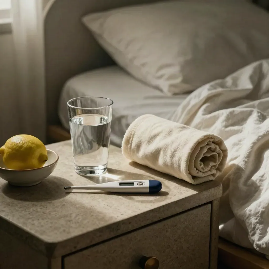 Ziekbed met water, thermometer, deken en citroen op een stenen nachtkastje.