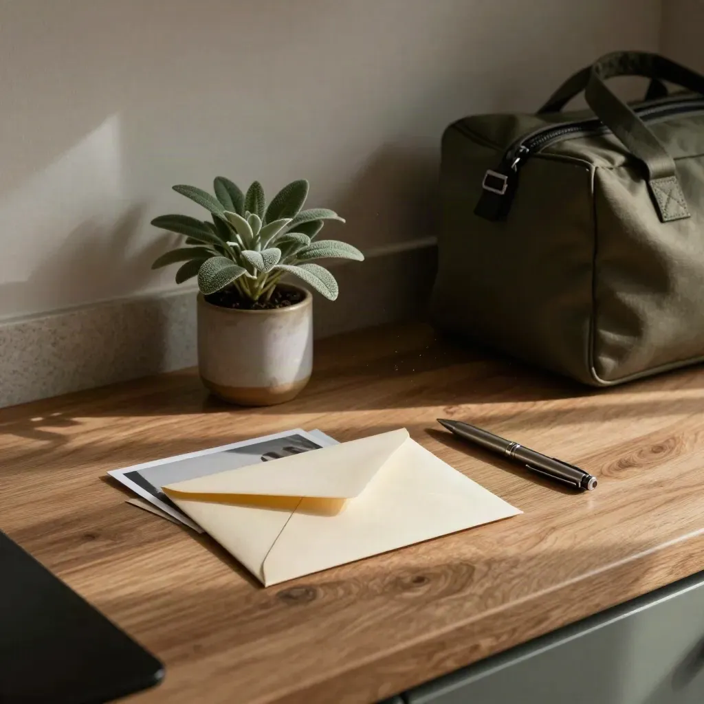 Keukenwerkblad met envelop, kaart, pen, plant en reistas in ochtendlicht.